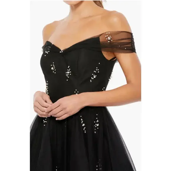 NWT, Mac Duggal Off the Shoulder Beaded Chiffon Midi Dress SZ 6#MD211